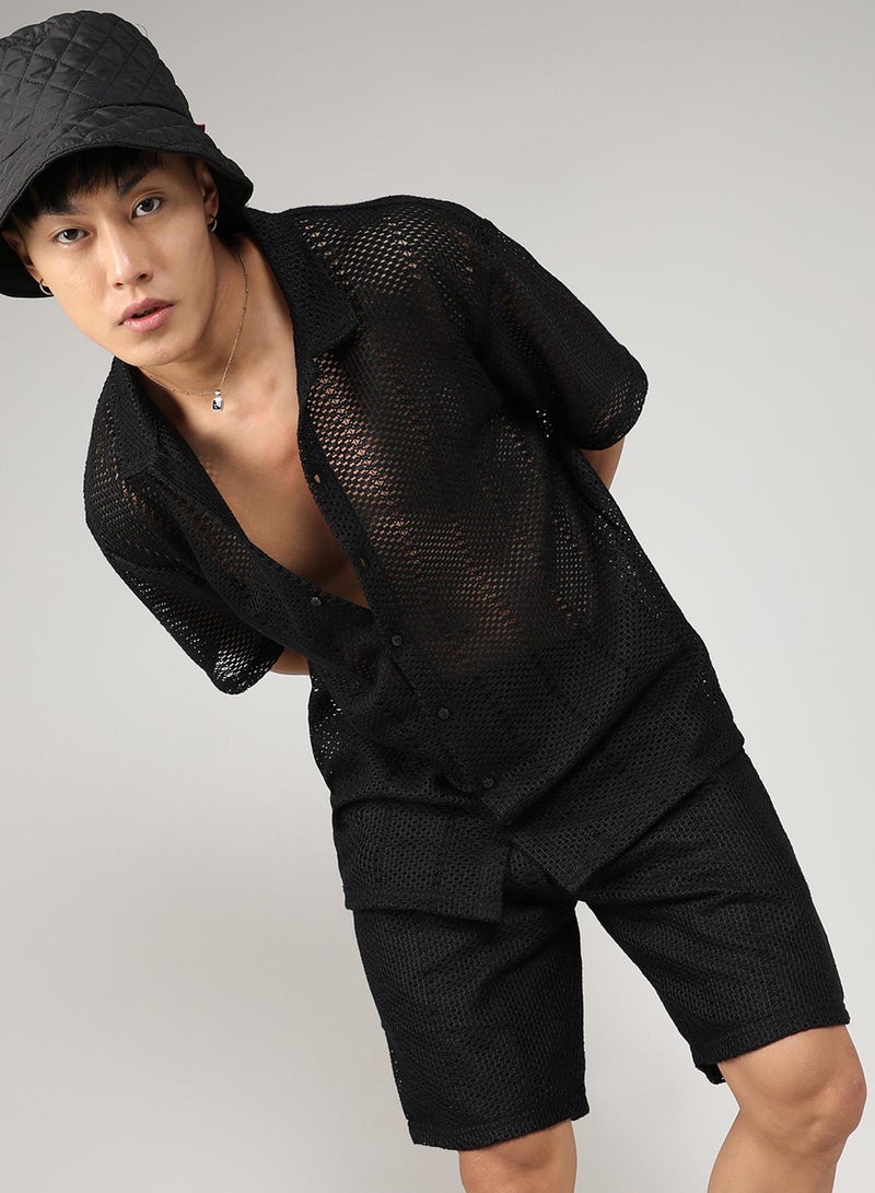 Campus Sutra Men's Onyx Black Crochet Co-Ord Set For Casual Wear | Spread Collar | Short Sleeve | Button Closure | Co-Ords Crafted With Comfort Fit For Everyday Wear - Image 1